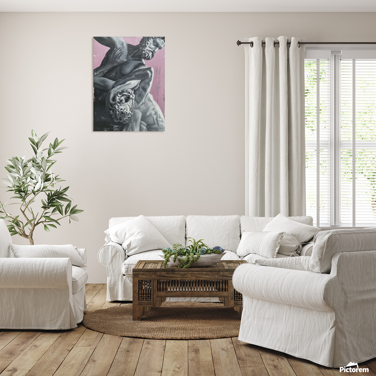 Framed print beside a window